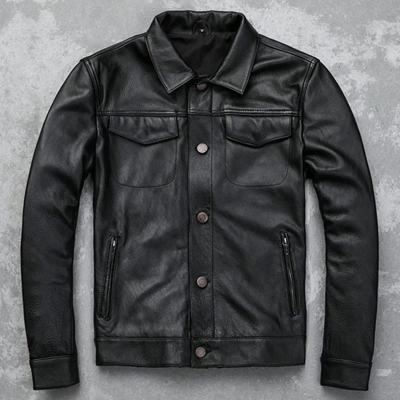 

2019 New Spring Hot Sale Cow Leather Clothing Mens Over Size Genuine Cowhide Leather Simple Design Slim Leather Jacket Outerwear