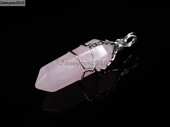 

Natural Rose Quart-z Gems Stones Hexagonal Pointed Healing Reiki Chakra Wire Wrap Pendant Beads For Necklace Earrings 10Pcs/Pack