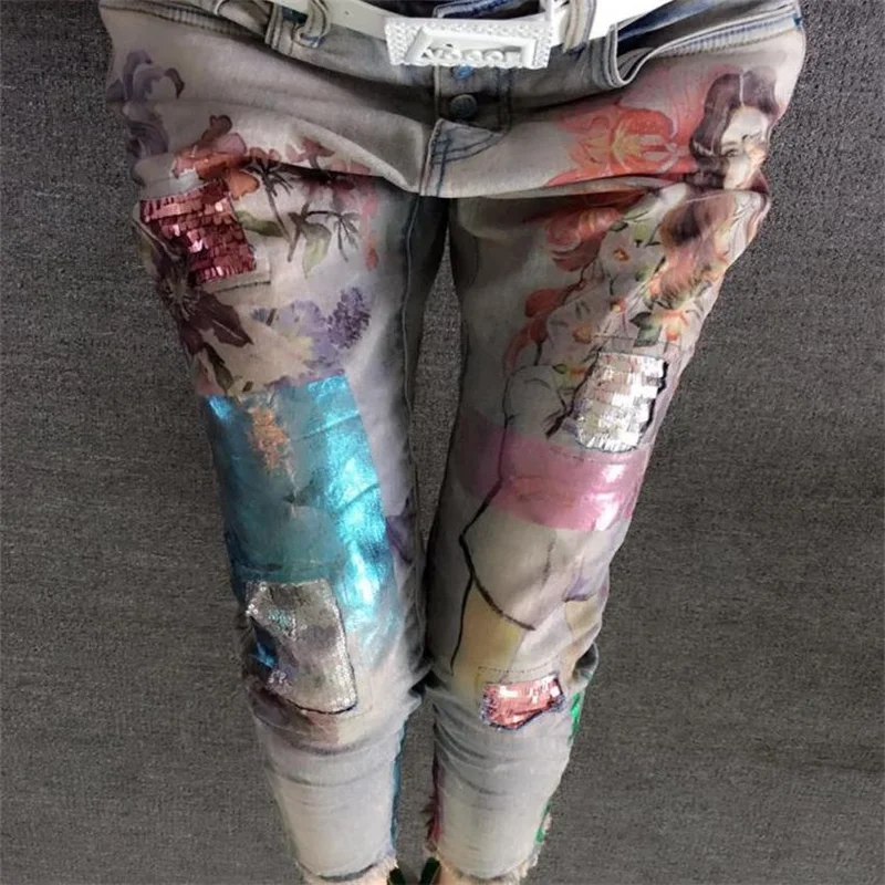 Flores Pantalones Azul 2018 De Largos Belleza Flaco Moda Primavera Oro Jeans Señoras Otoño Denim Lápiz 3d Europa Pintura Mujer OxqTwUqB