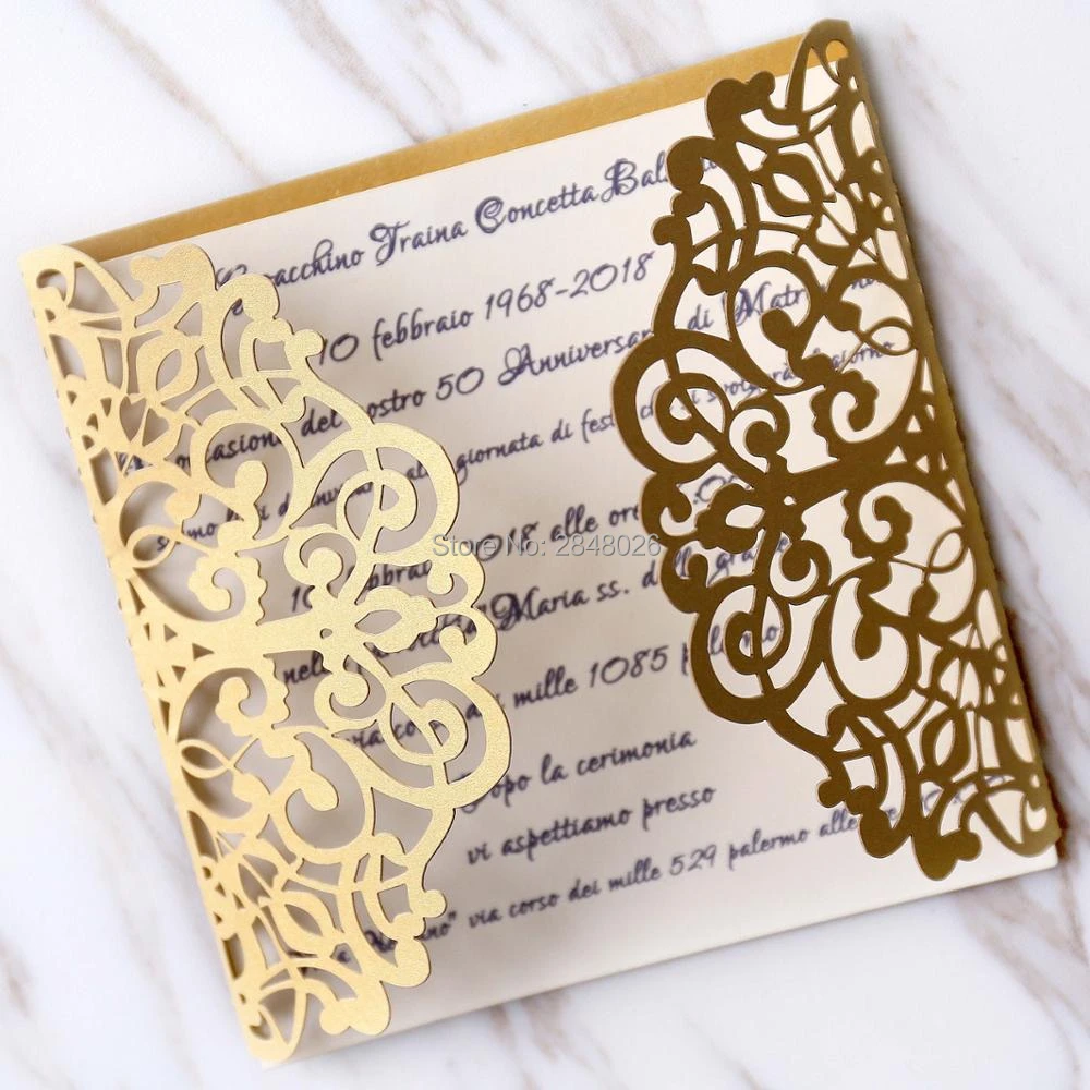 Personalized Initials 50pcs Gold Gatefold Wedding Invitation Laser Cut Custom Invitations Personalized Greeting Card Aliexpress