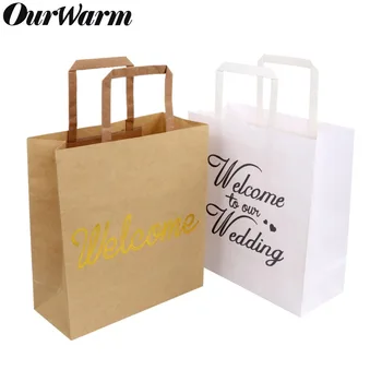 

OurWarm 10Pcs Large Kraft Paper Bags with Handles 25x23x10cm Double Printed Welcome Gift Candy Bag for Wedding Party Supplies