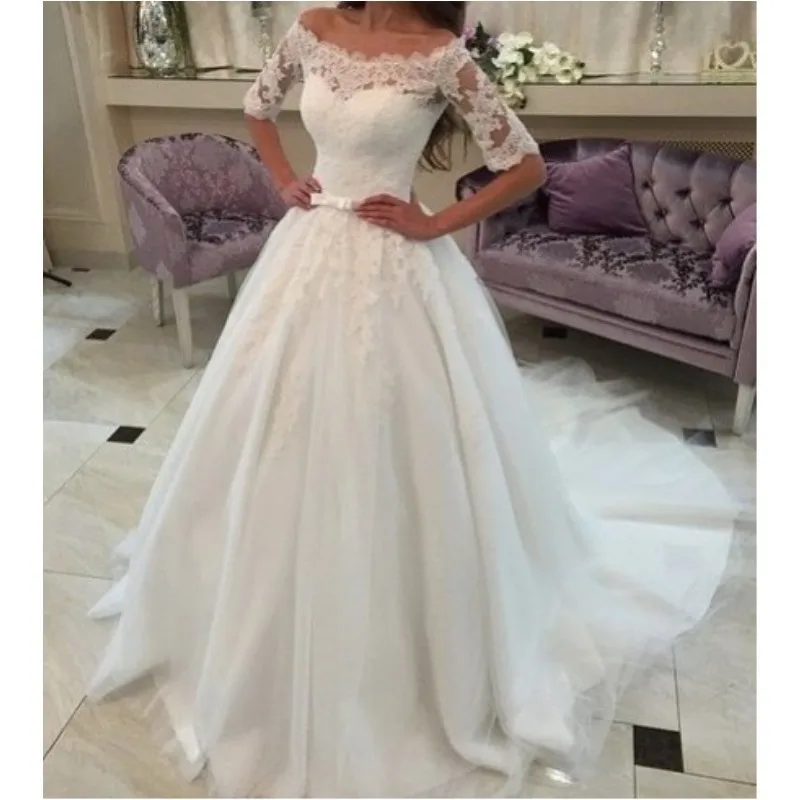 2016-New-Fashion-Gorgeous-Bride-Dresses-Wedding-Gowns-Long-Train-Lace-Wedding-Dress-Off-Shoulder-Half