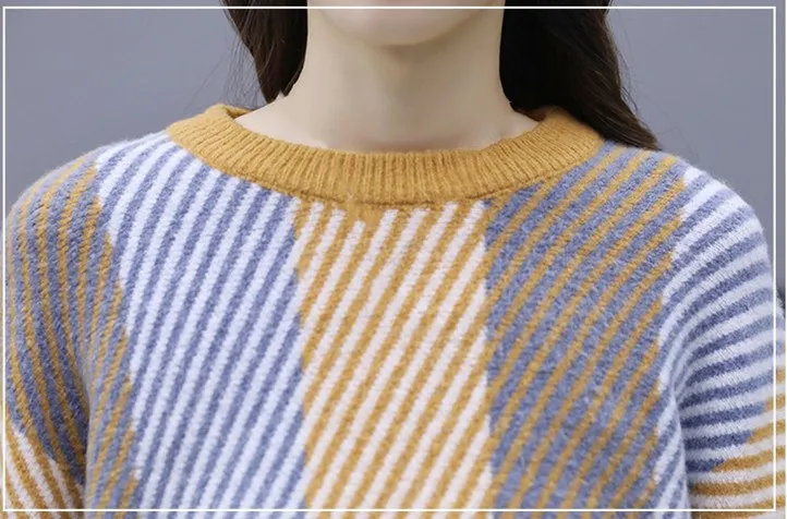 Зимняя полосатая трикотажная юбка, пуловер с круглым вырезом, свитер, Женский комплект 2 шт., свитер, юбка