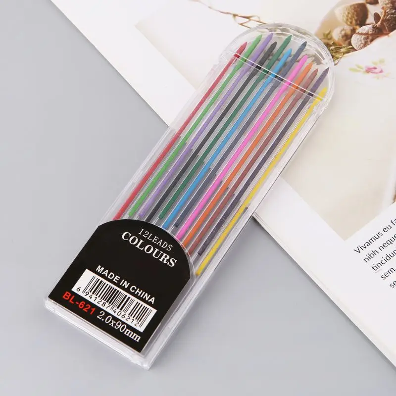 

12Pcs 2.0 mm Mechanical Pencil Colors 2B Lead Refills Draft Drawing Writing Crafting Art Sketching School Stationery Office Supp