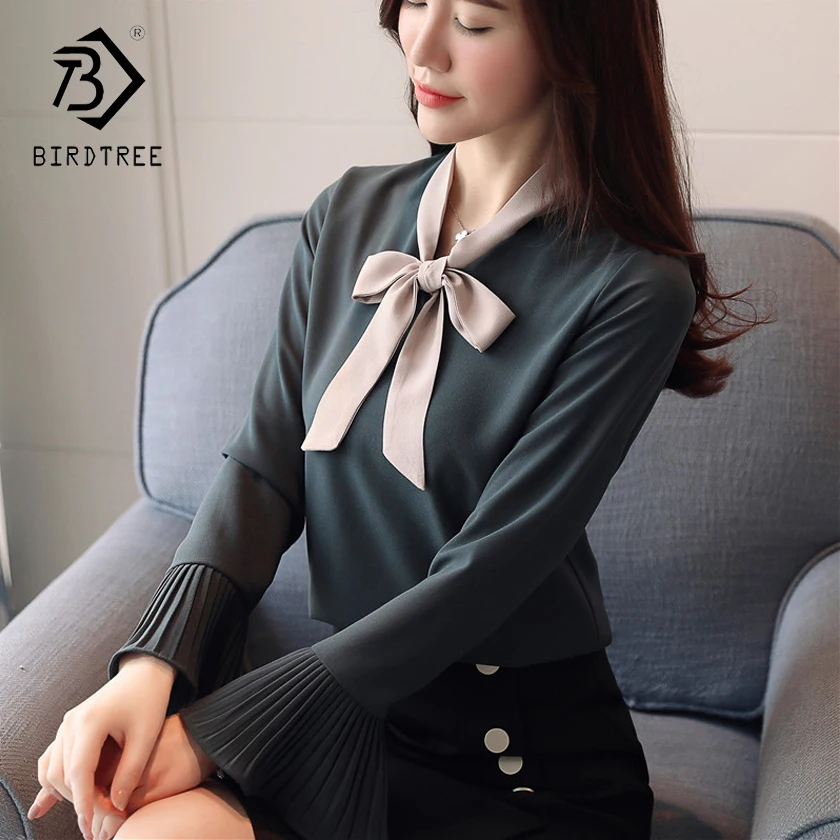 Achat 2018 Nouveau Printemps Coréenne Style Femmes de Mousseline de Soie Blouses Lady Tops Mode Arc Mince Flare Manches V Chemises à Col vente chaude T82912L