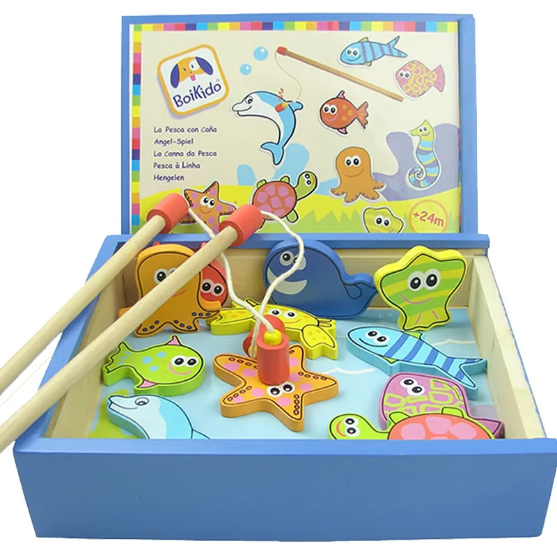 

Wooden box fish pond magnetic fishing toy large baby child parent-child interactive game toy 2-5 years old educational toys gift