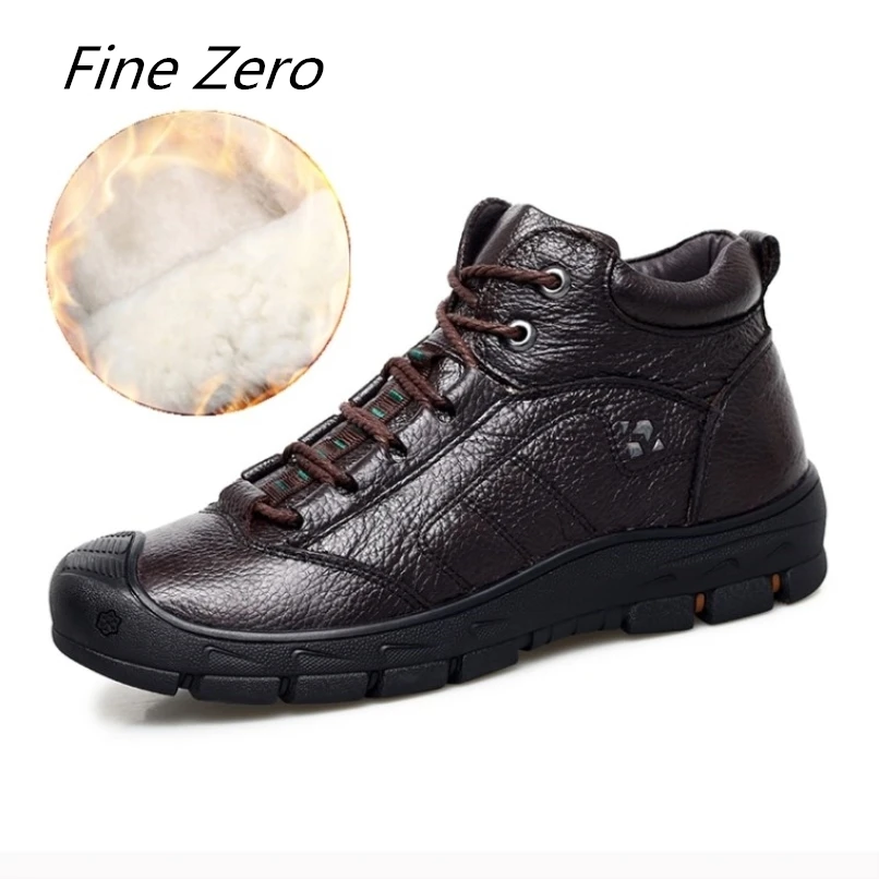 

Fine Zero Natural Wool Men Winter Shoes Warmest Genuine Leather Handmade Men Winter Snow Boots Natural Cow Leather Outdoor Boots