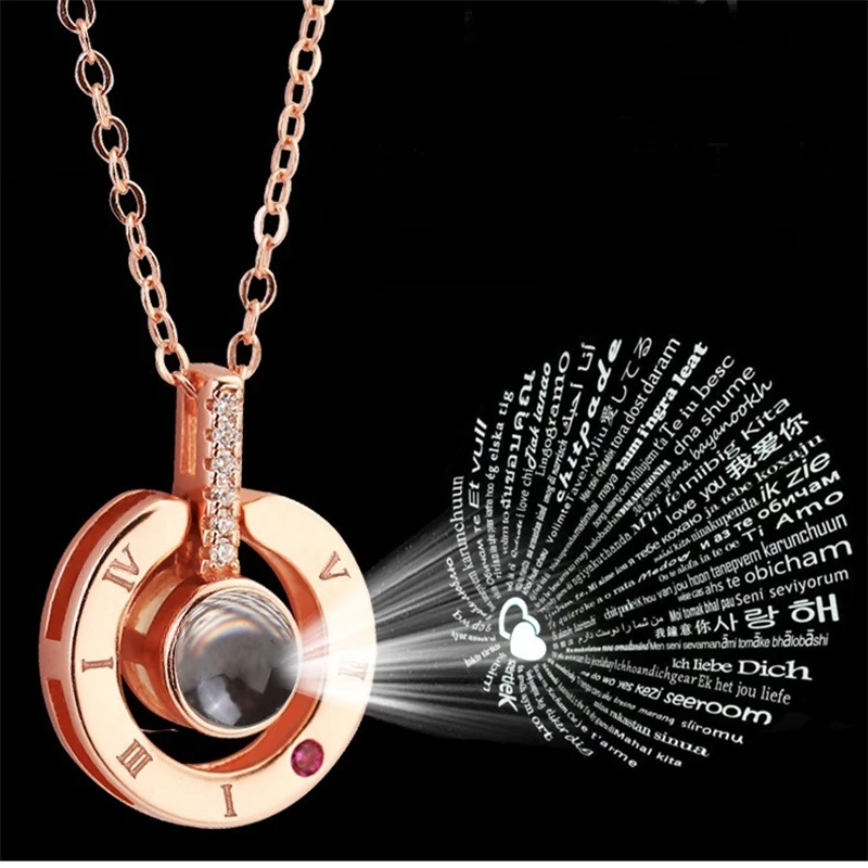 

Rose Gold&Silver 100 languages I love you Projection Pendant Necklace Romantic Love Memory Wedding Necklace