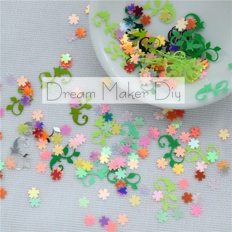 

50g/lot AB Colors Spring Flower 5mm and Vine 9*14mm Flat Loose Sequins Paillette For Crafts Scrapbooking confetti decoration