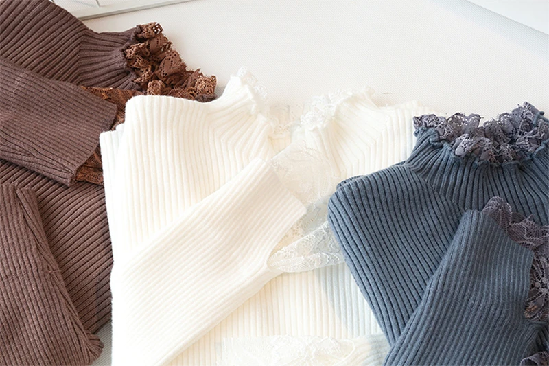 Женский вязаный свитер, пуловер,, новая мода, кружевная панель, длинный рукав, половина водолазки, эластичный, вязанный джемпер, свитер для женщин