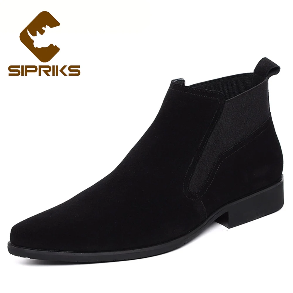 Sipriks 37-44 толстые теплые ботинки челси для черный цвет, для мужчин замшевые туфли без молнии под платье ботинки с плюшем с острым носком стрейч кожаные ботинки