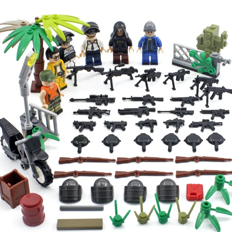 6PCS Battlegrounds military 98K Three level helmet Soldier Army Weapon Gun SWAT War Building Blocks font
