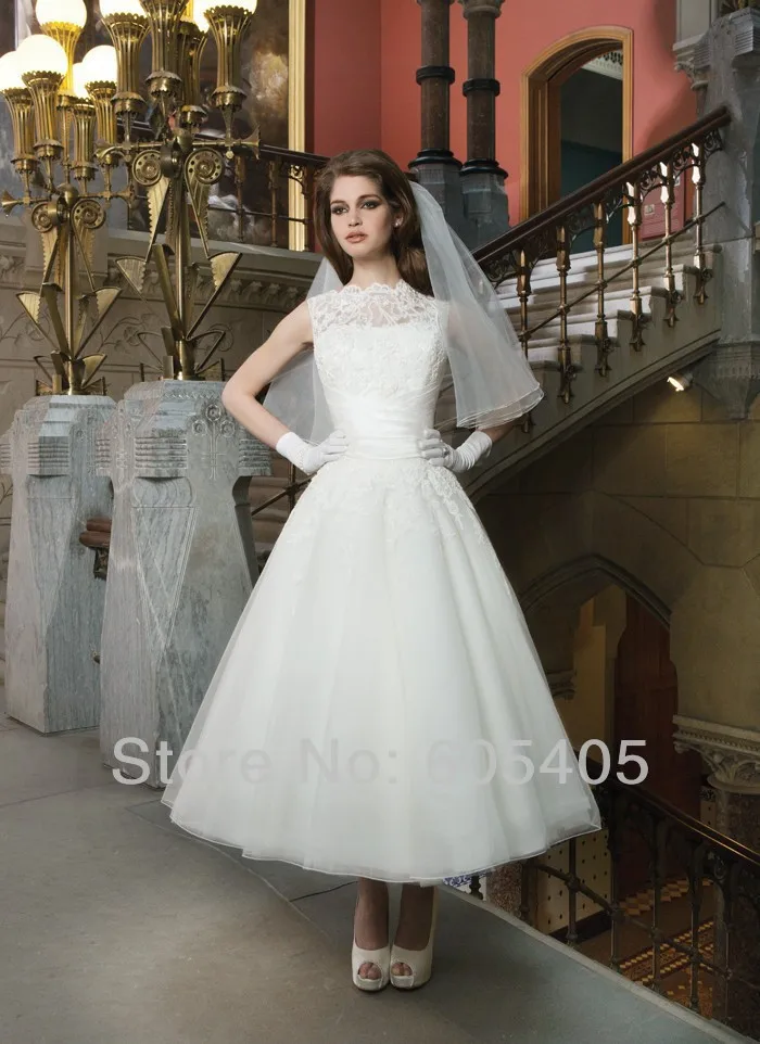 Luxury High Neck Mid Length Wedding Dresses Women 2017 Vestido