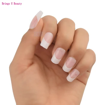 

24pcs/pack Clear Pink French White Airbrush Nails Designed Nail Fake Nails Art False Nails with Glue Full Cover Medium Length