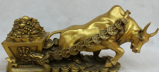 

JP S61 14" Chinese Brass Wealth Money Dragon Treasure Bowl Zodiac Year Bull Oxen Statue