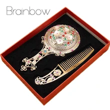 Brand New Women Chic Retro Vintage Pocket Mirror Compact Makeup Mirrors Comb Set Hand Make Up Bronze Hollowed-Out Makeuo Vanity