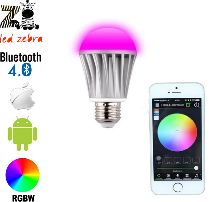 

E27 7.5w rgbw bluetooth 4.0 led bulb with smartphone control 16million colors change for smart home hotel AC85-265V
