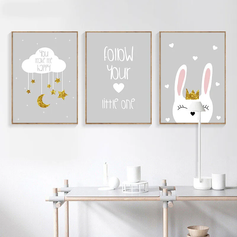 

Little Stars Art Canvas Art Print Rabbit Painting Cute Moon Nordic Poster Picture Wall Pictures For Baby Room Nursery Unframed