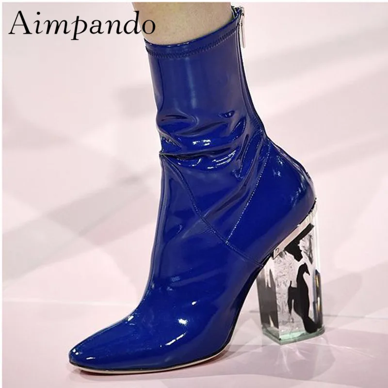 

Fashion Catwalk Ankle Boots Women Back Zip Square Toe Jelly Color Clear Crystal Chunky Heel Short Booties