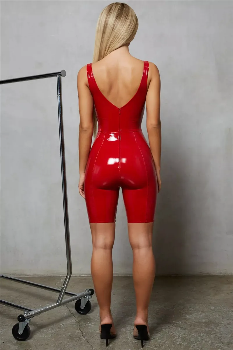 KGFIGU 2019 New Arrival PU leather neck playsuits sexy short rompers womens jumpsuit one piece overalls women clothes body suit