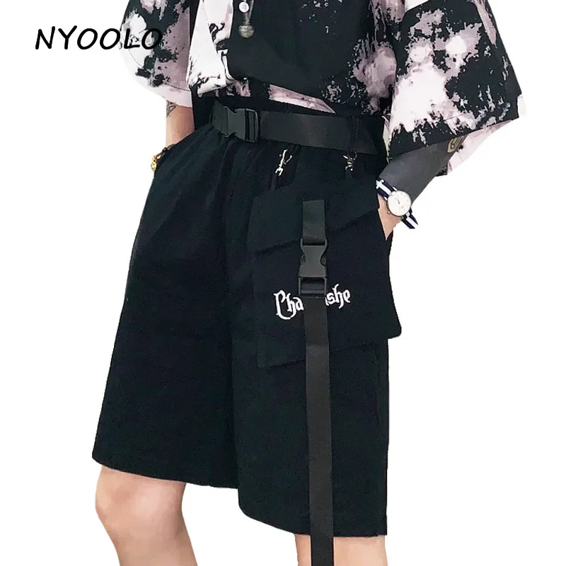NYOOLO, винтажные брюки-карго с большим карманом и вышивкой букв, с высокой талией, повседневные брюки до колен с поясом, женские и мужские летние уличные штаны - Цвет: Черный