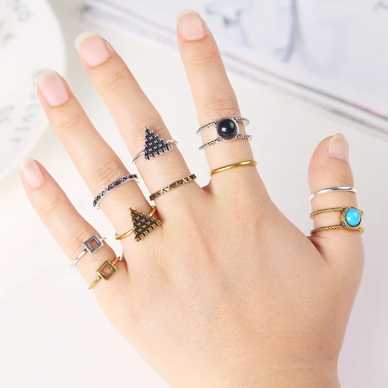 

5 PCS 1 SET Vintage Retro Boho Bohemia geometric figure Carving tophus Rings Set Lucky Punk Women Jewelry