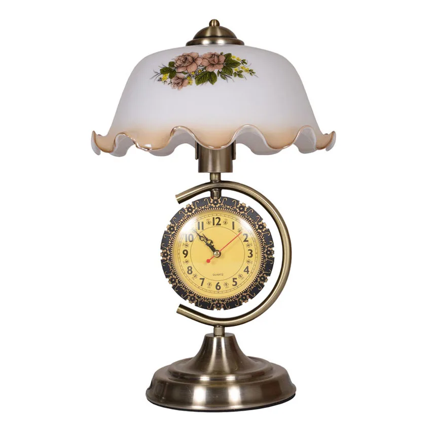European Retro Table Lamp with clock Creative white glass shade metal