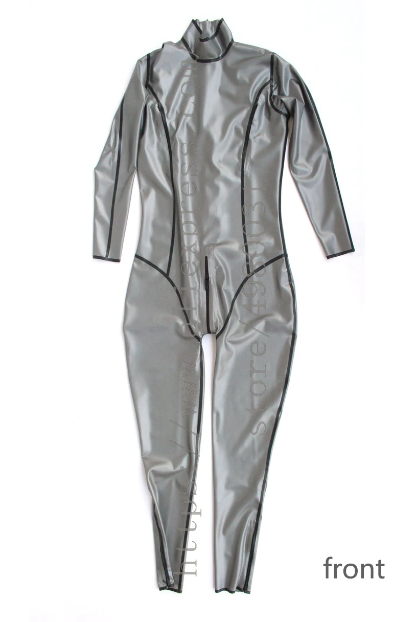 

Unisex catsuit metallic silver latex zentai with breast and feet hidden zippers and back zip to abdomen with black trim colors
