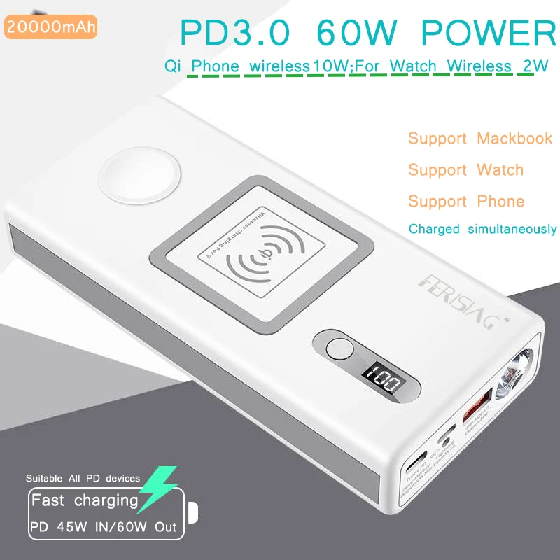

FERISING For iWatch Macbook Wireless PD3.0 60W Fast Charger Power Bank 20000mAh for Apple Watch 4/3/2 iPhone External Battery