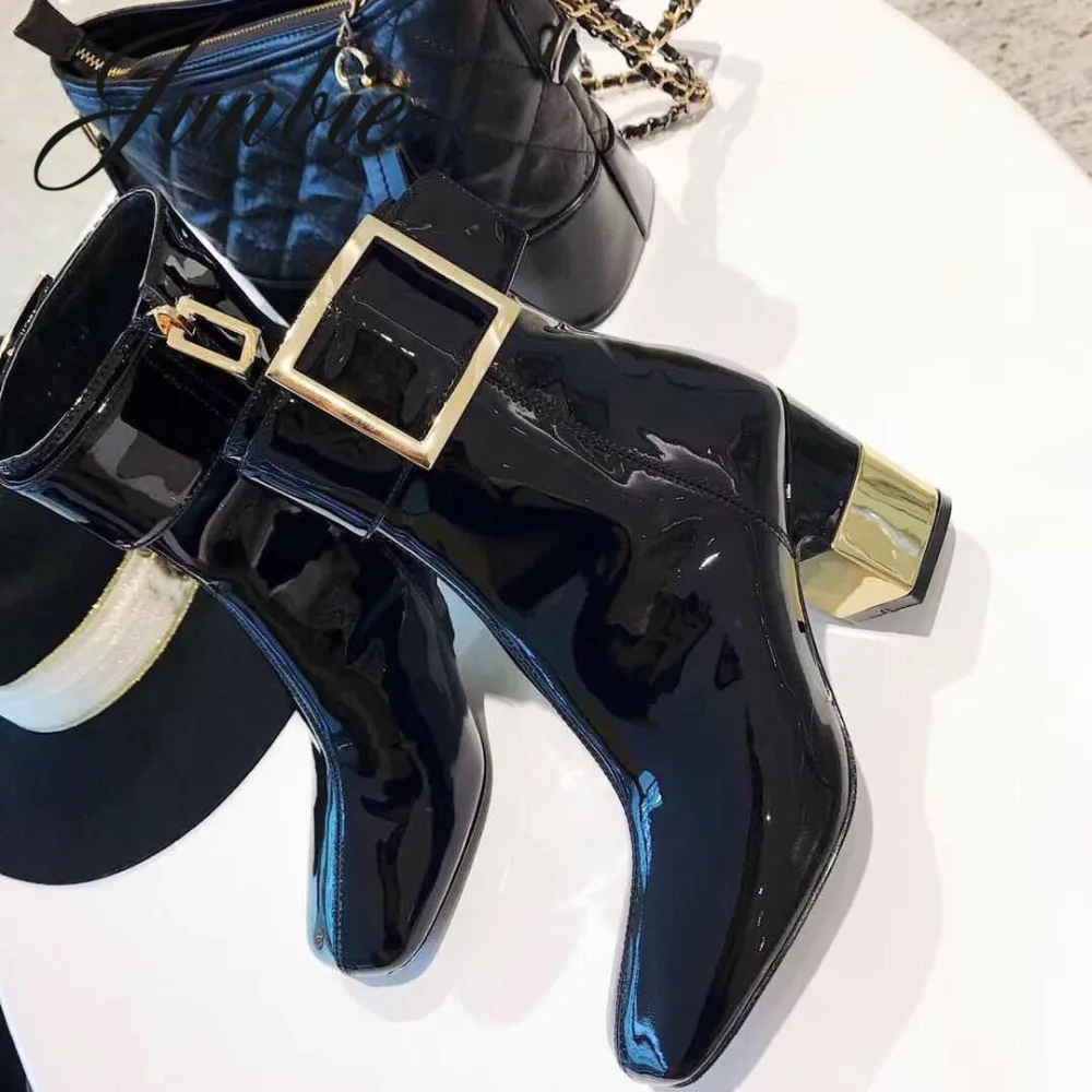 

SKYYUE New Patent Shinny Leather Zip Side Women Boots Square Toe Buckle Strap Women Chunky Heel Boots Shoes Women