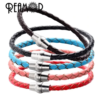 

REAMOR 4mm Genuine Braided Leather Bracelets String Beads DIY Women Men Bracelet Jewelry Making 5 Color With Magnet Clasp
