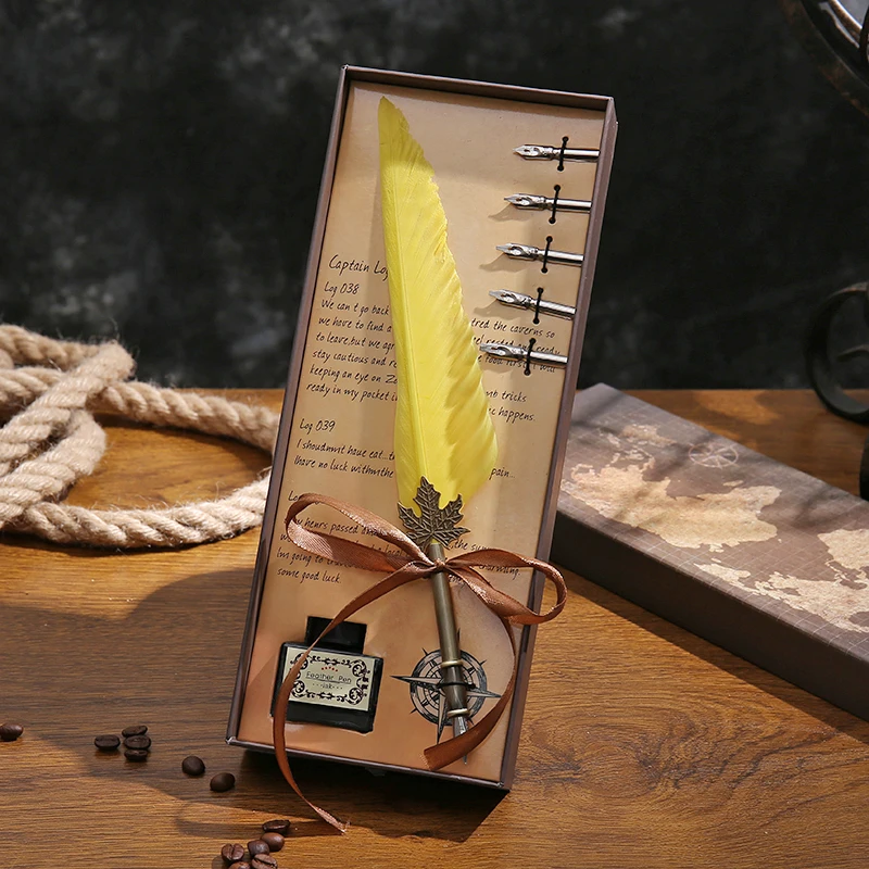 

Metal Fountain Pen Set Writing Office Practice Feather Pen Gift Box SET 5 Nibs Vintage Quill Pen Creative Business Birthday Gift