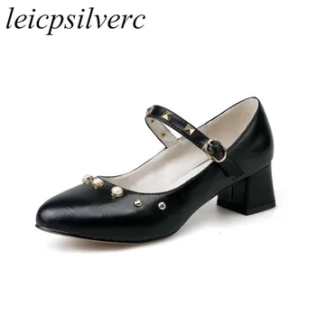 

Women's Pumps Med Heels Shoes Pu Buckle Rivet Pointed Toe Spring Autumn 2019 Sexy New Fashion Casual Black Beige Big size 34-47