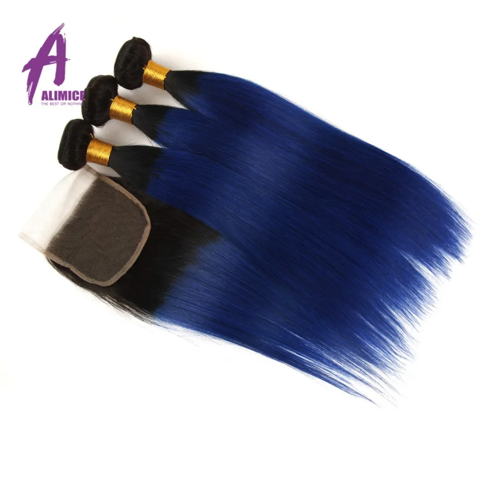 Alimice Ombre Brazilian Straight Human Hair Weave 3 Bundles Bundles With Closure T1bblue Remy Hair Ombre Bundles With Closure (2)