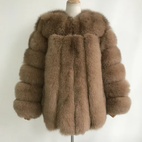 Женская зимняя шуба из натурального Лисьего меха в полоску,, Большая Меховая куртка с длинным рукавом, теплое толстое пальто из лисьего меха - Цвет: Camel