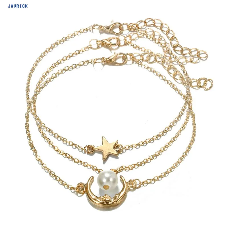 

JAVRICK 3 pcs /set Imitation Pearl Bracelets Bangles Adjustable Star And Moon Crystal Bracelet Chain Anklets Foot Set For Women
