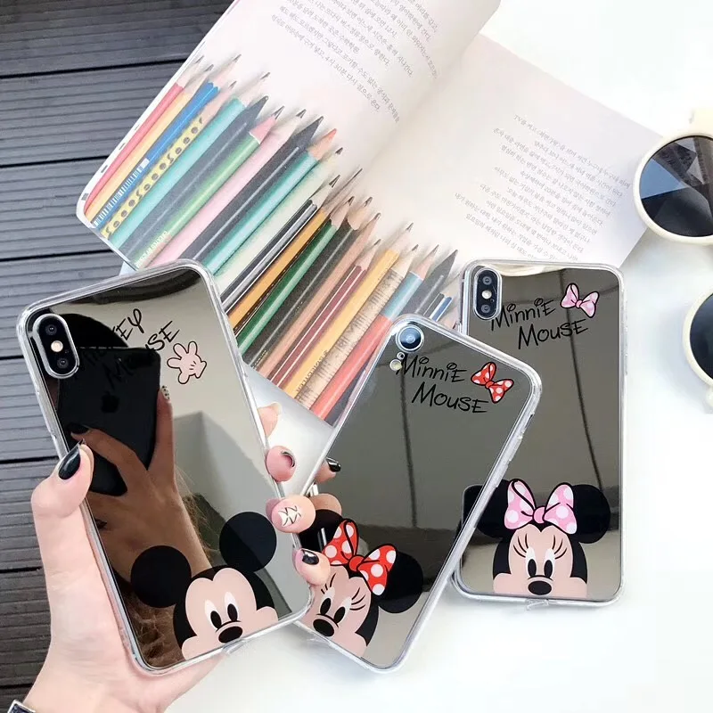 

Newest Lovely cartoon Disneys phone case For XS MAX XR X 7 8 6 6s Plus mirror Mickey Minnie couple soft TPU back cover Fundas