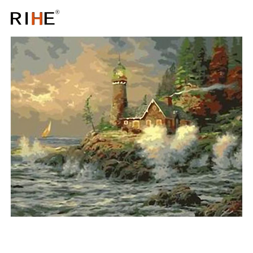 

RIHE Seaside House Diy Painting By Numbers Abstract Lighthouse Oil Painting On Canvas Cuadros Decoracion Acrylic Wall Picture