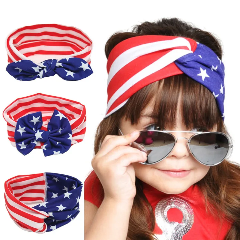 

American Patriotic Baby Headband Girls Striped Star Cotton Hairbands Baby Girls 4th of July Bowknot Hair Accessories D0817