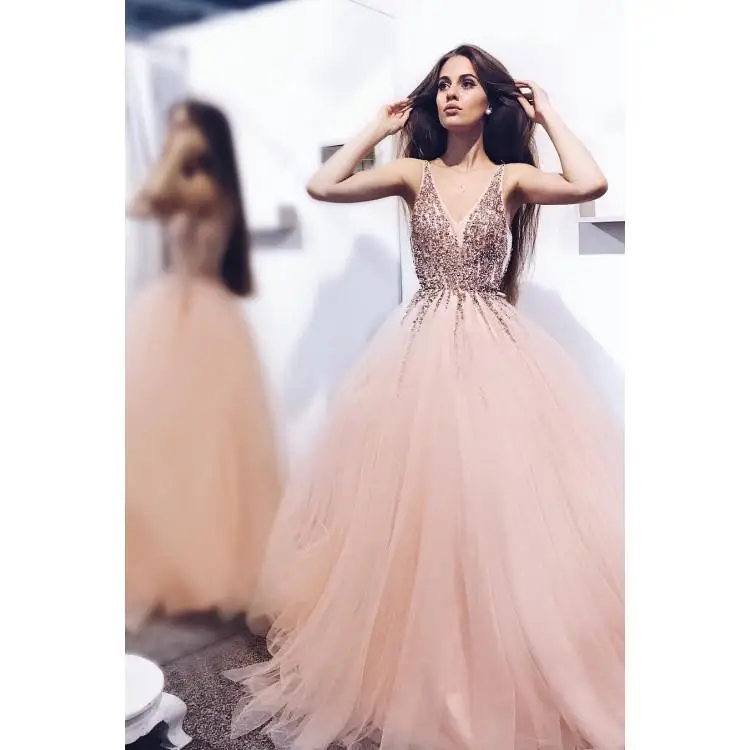 

Modest Blush Sexy V Neck Sleeveless Heavy Beads Tulle A Line Party Evening Prom Dresses Robe de soiree