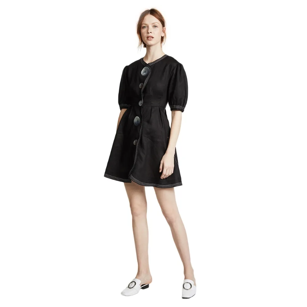HDY Haoduoyi 2018 summer simple court style puff sleeve design exaggerated irregular button open line decorative dress