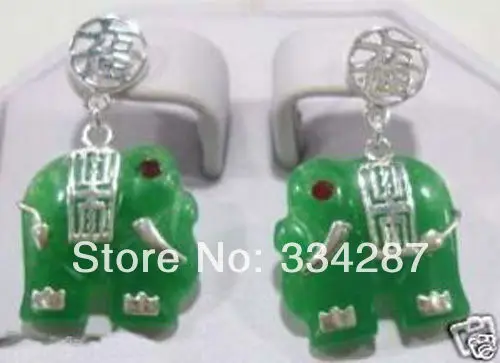 

A Pair Exquisite New Style Silver Elephant Green Jade Lucky Lady Earring Jewelry