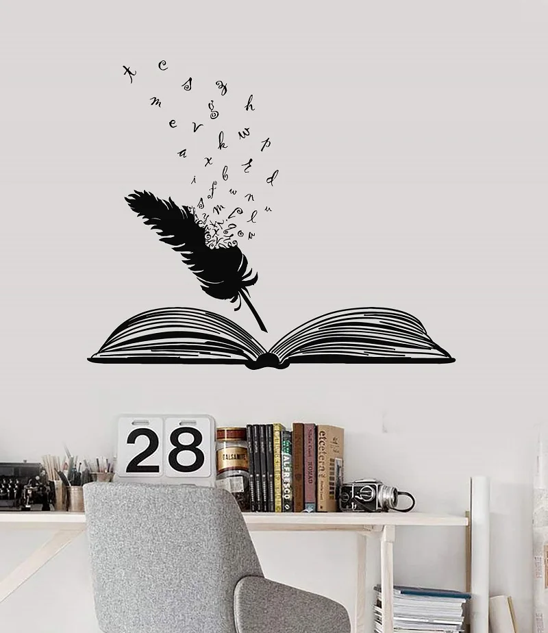 

Open book and feather vinyl wall decal school library classroom study bedroom home decor art wall sticker YD18