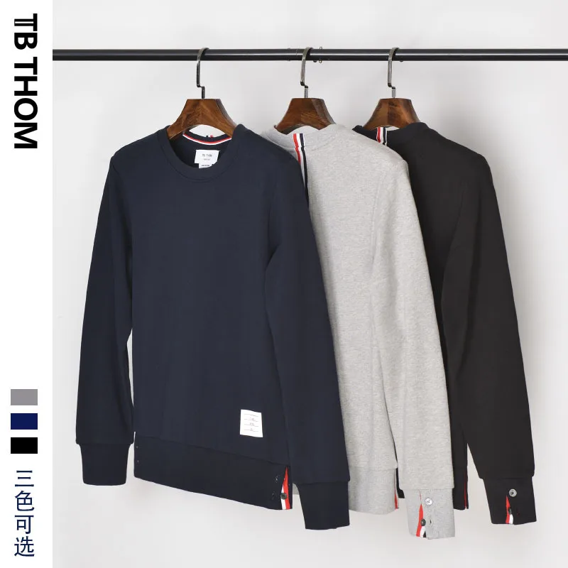 

TB THOM men's o-neck sweatshirts with Braided tape pure cotton autumn casual hoodies men gray black dark blue
