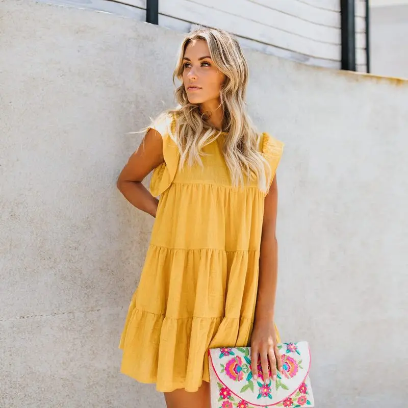 

Fashion Women's Summer Short Sleeve Solid Color O Neck Pullover Loose Cake Dress Lady Casual Pleated Dress 2019 New