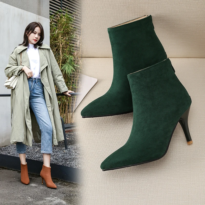 

2019 Spring Autumn Stiletto Thin High Heels Pointed Toe Faux Suede Zipper Style Sexy Ankle Womens Boots Bota Feminina