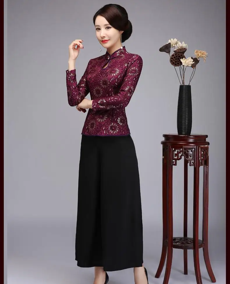 Китайские традиционные Стиль женский рубашка Повседневное воротник-стойка Блузка фиолетовый Кнопка Тан Кружева цветочные Костюмы плюс Размеры S-4XL - Цвет: Фиолетовый