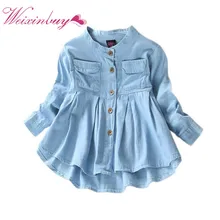 Детские джинсовые блузки с длинными рукавами для девочек; Осенняя Модная Джинсовая рубашка для маленьких девочек
