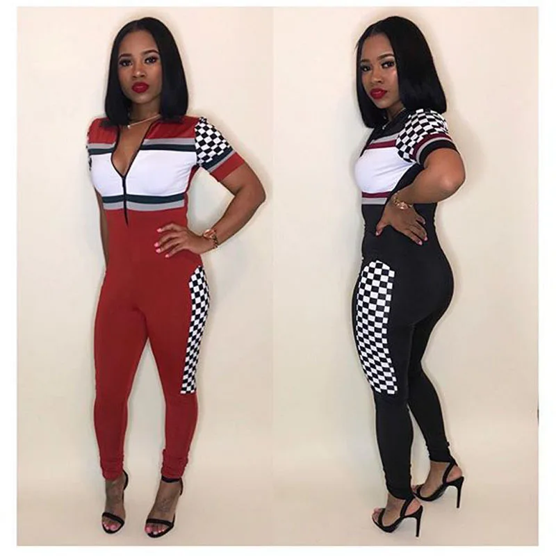 2018 Summer Sexy V Neck Jumpsuits Plaid High Waist Rompers