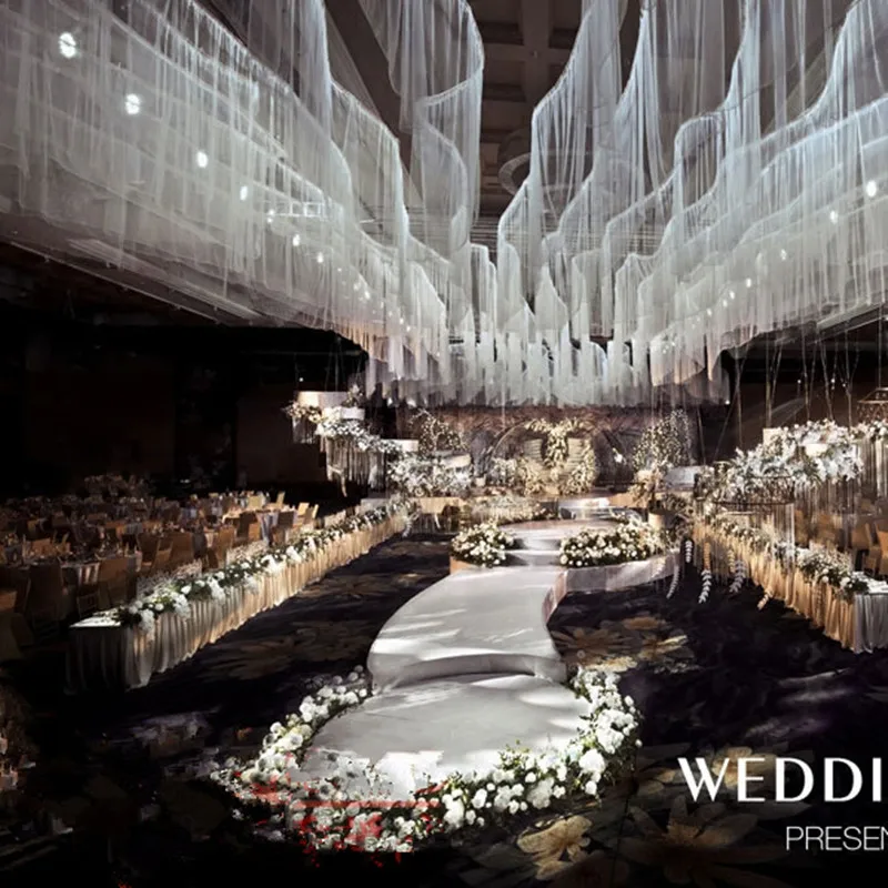 

Классический дизайн, блестящее украшение, Белая швейцарская марля, потолок в форме облака, подвесная нить, волнистая линия, прозрачная, для свадьбы, реквизит